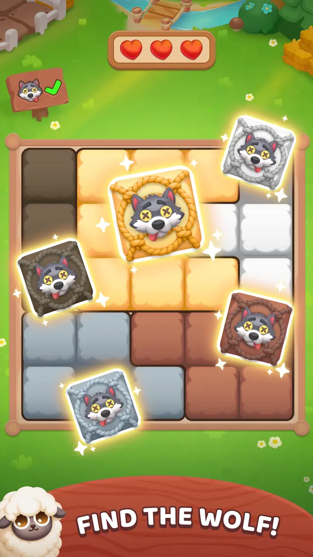 A grid puzzle in Where's The Wolf - Sudoku Puzzle with sheep tiles and one flagged wolf tile among them