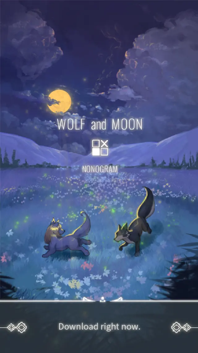 Title screen of Wolf And Moon: Nonogram showing two wolves in a moonlit flowering meadow