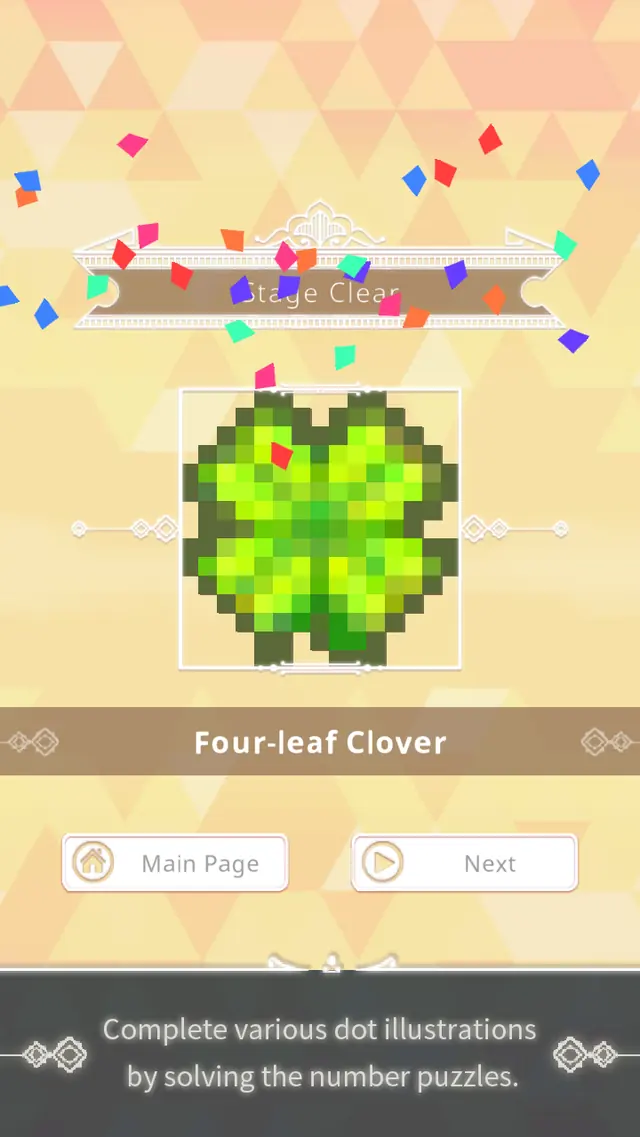 A completed colour nonogram puzzle revealing a four-leaf clover pixel picture with a Stage Clear banner