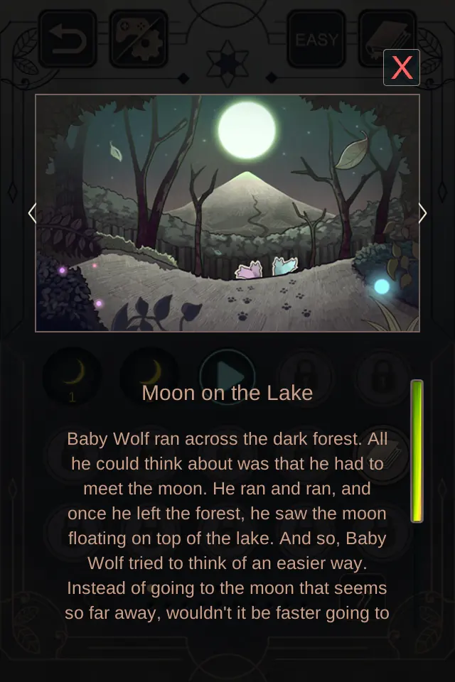Illustrated story page titled Moon on the Lake showing a baby wolf on a forest path under a full moon in Wolf And Moon: Sudoku