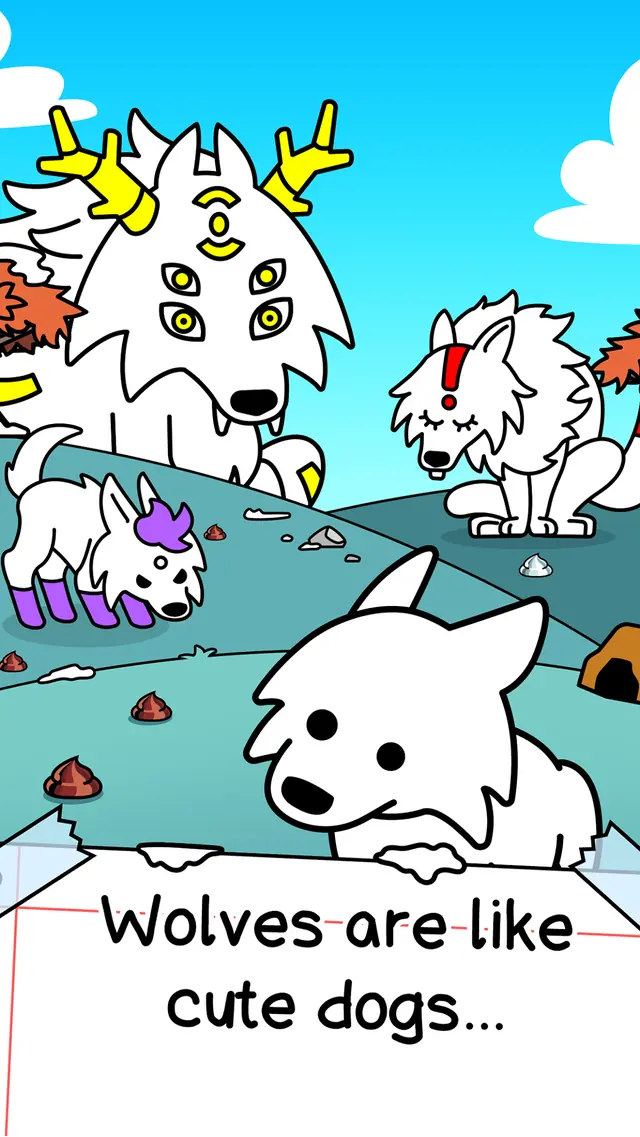 Title screen of Wolf Evolution: Merge Wild Dog showing two stylised cartoon wolves on a grassy hill
