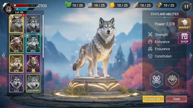 Stats and abilities screen for the lead wolf in Wolf Games 3D Animal Simulator, showing Strength, Endurance and Constitution