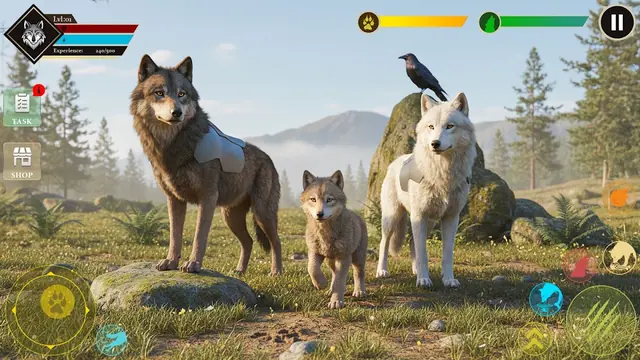 A grey and white wolf family group with pups resting together in Wolf Games 3D Animal Simulator