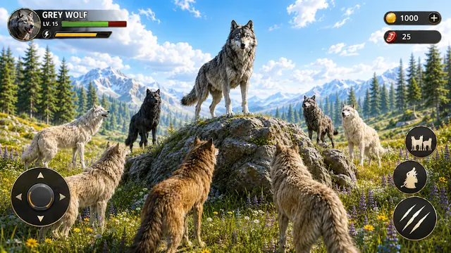 A wolf pack gathered on a rocky outcrop overlooking a misty mountain valley in Wolf Simulator 3D: Wild Hunt