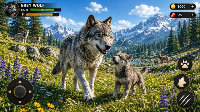 An adult wolf with a young pup in an open meadow in Wolf Simulator 3D: Wild Hunt