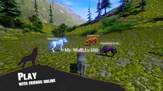 A small pack of wolves standing together in a grassy valley while playing online with other players in Wolf Simulator - Animal Games