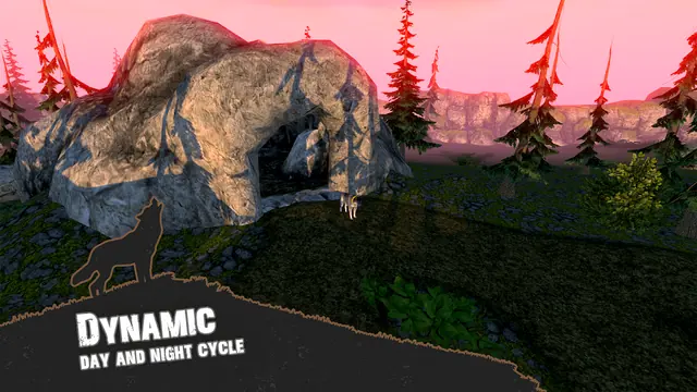 A rocky cave entrance at dusk showing the day-and-night cycle in Wolf Simulator - Animal Games