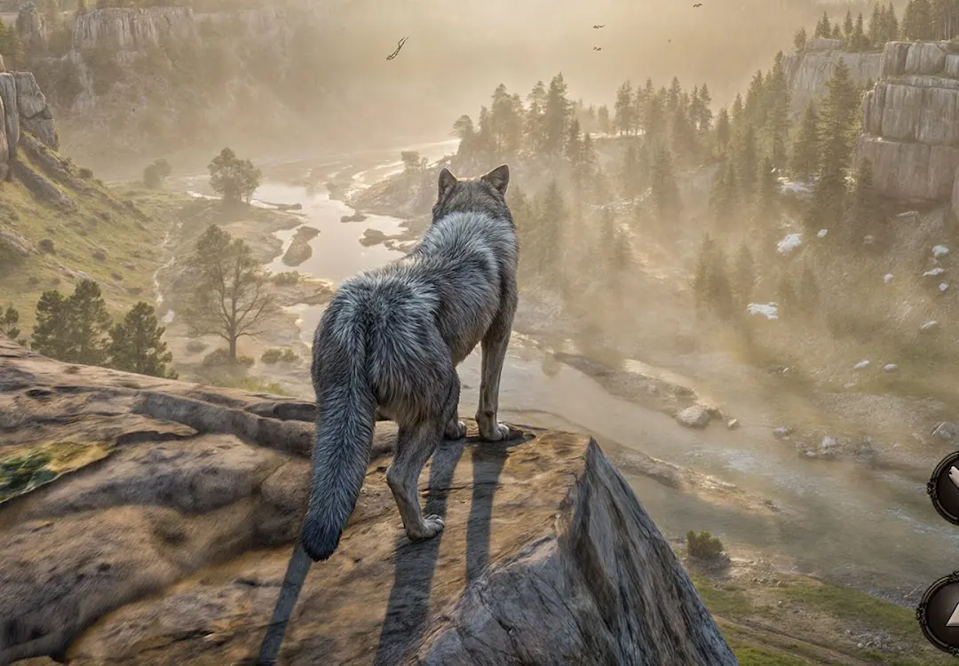 A lone wolf looking out over a misty canyon at dawn