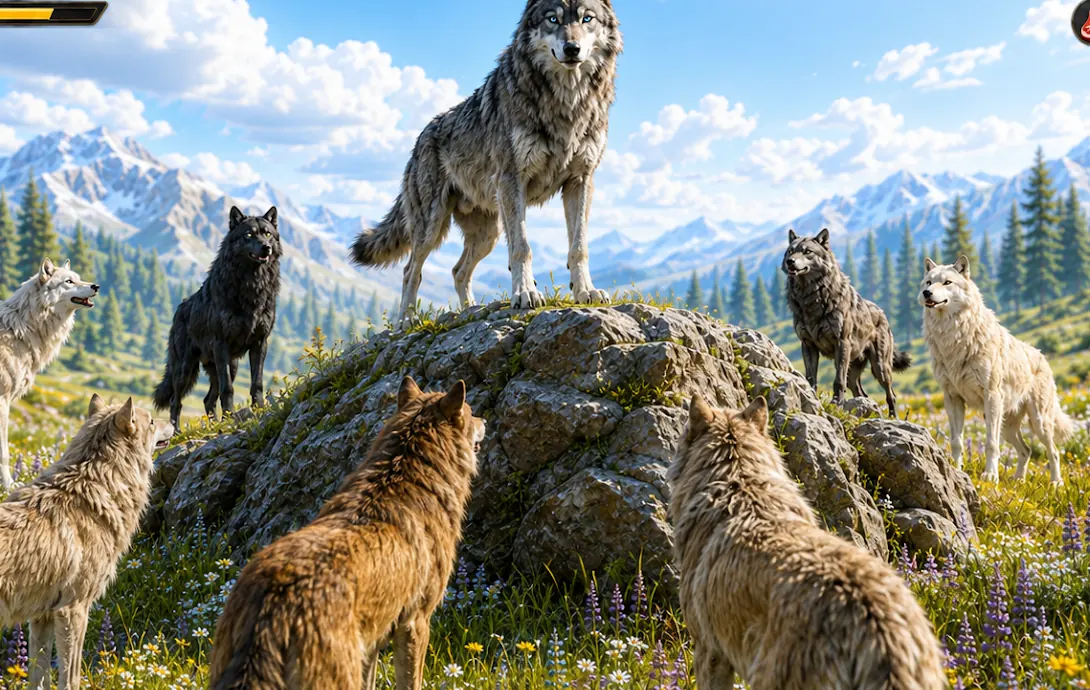 A pack of wolves gathered on a rocky outcrop overlooking a mountain meadow